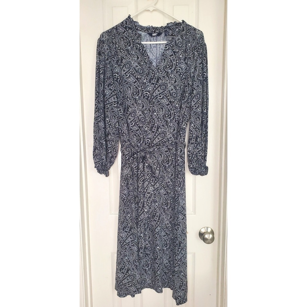 Lands End Casual Everyday Dress Navy Blue Paisley Boho Casual Career Plus 1X